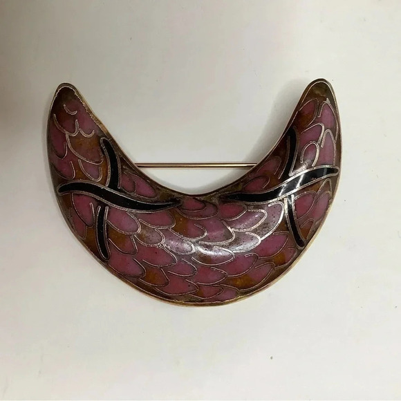 VINTAGE Half Moon Cloisonné Statement Brooch - Picture 4 of 10